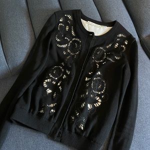 Alice + Olivia wool cardigan black lace sweater with white lining